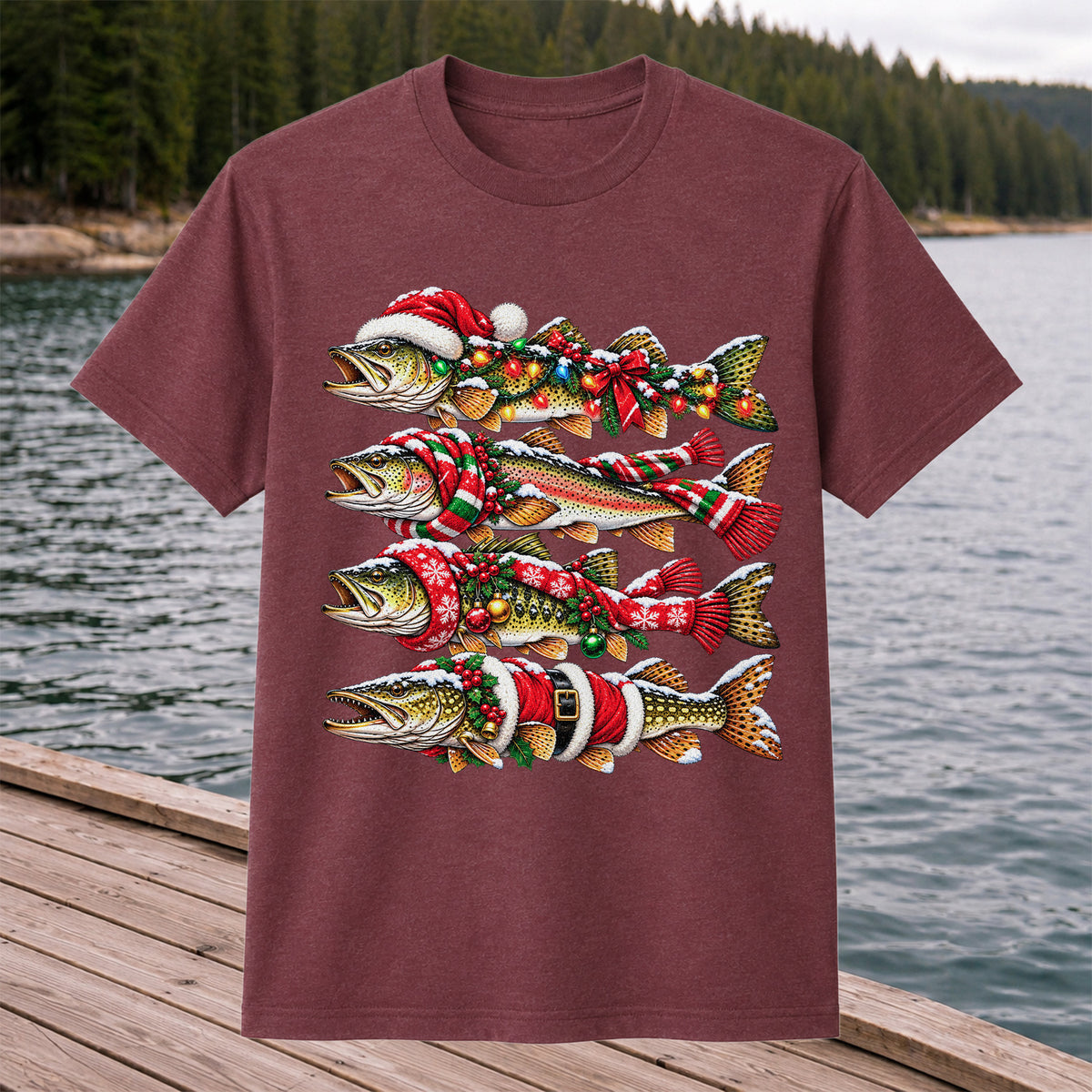 Christmas Trout Fishing Holiday Graphic T-Shirt