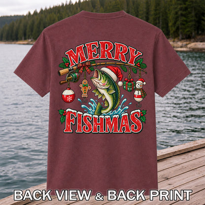 Merry Fishmas Santa Bass Christmas Fishing Graphic T-Shirt | Back Print