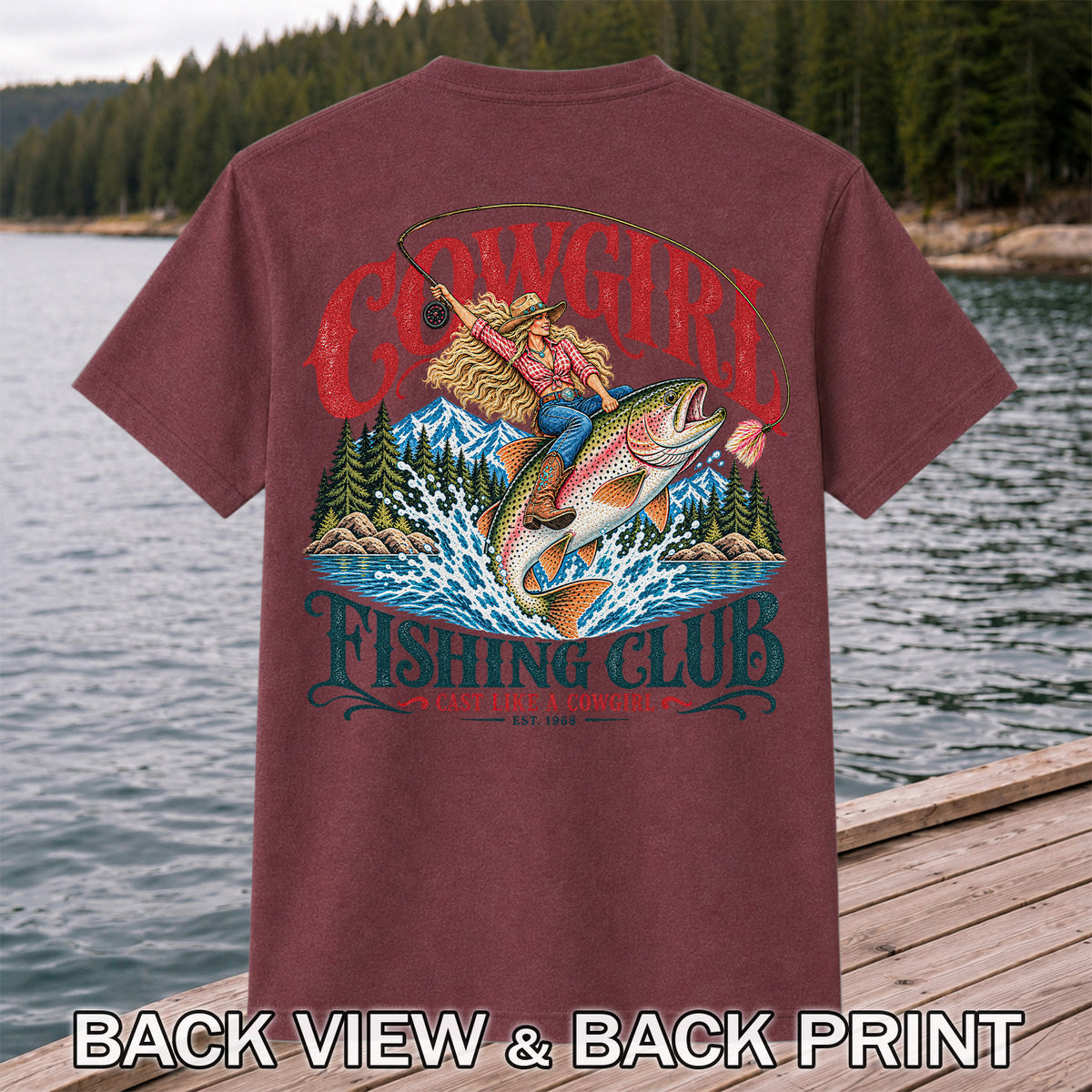 Cowgirl Riding Trout Fishing Club Graphic T-Shirt | Back Print