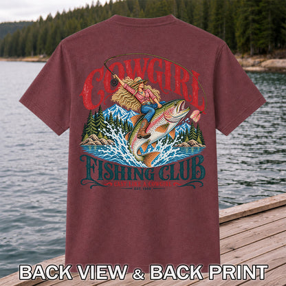 Cowgirl Riding Trout Fishing Club Graphic T-Shirt | Back Print