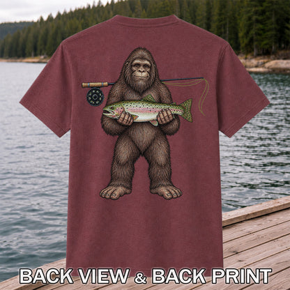 Bigfoot Holding Rainbow Trout Fly Fishing Graphic T-Shirt | Back Print