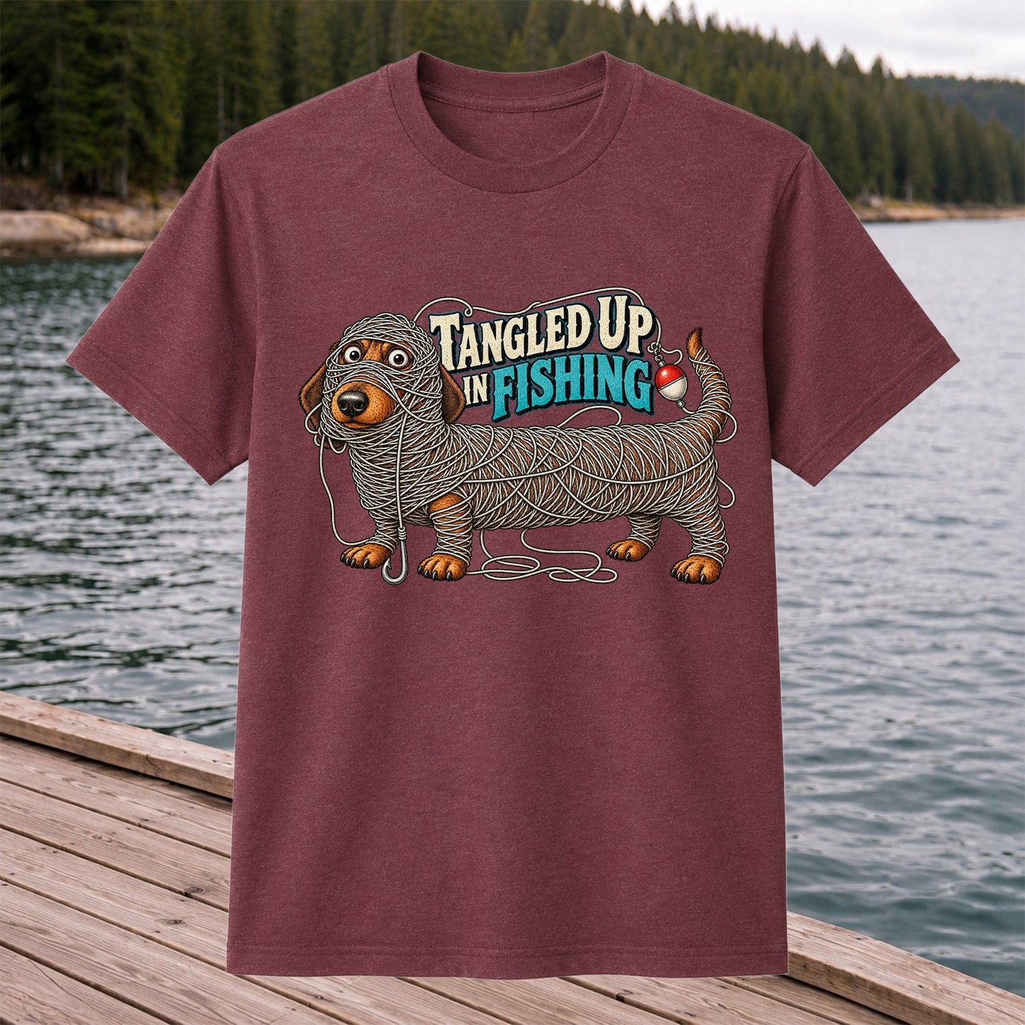 Tangled Up in Fishing Funny Dachshund Dog Graphic T-Shirt