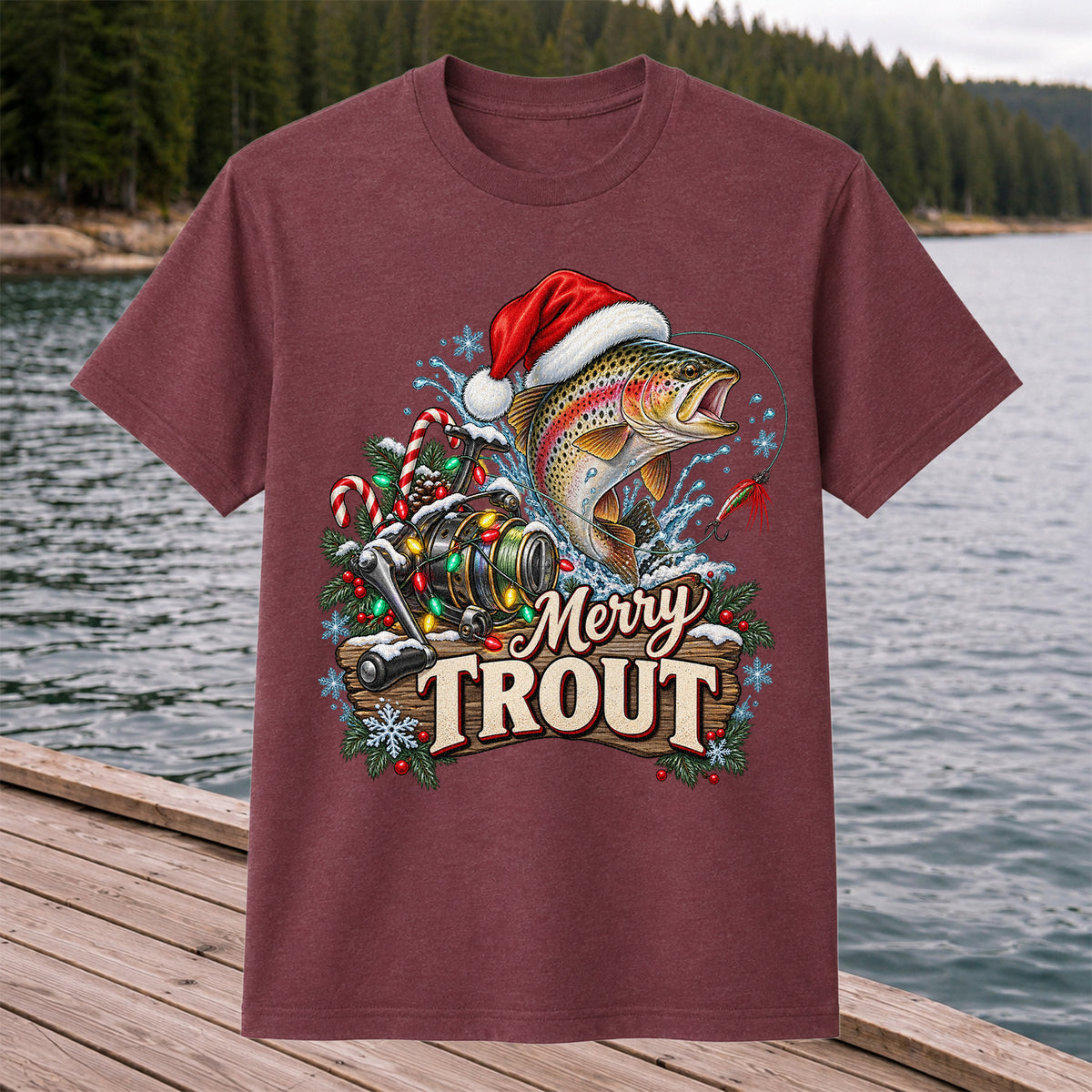 Merry Trout Christmas Rainbow Trout and Fishing Reel T-Shirt