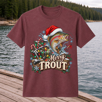 Merry Trout Christmas Rainbow Trout and Fishing Reel T-Shirt
