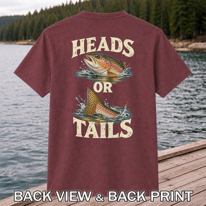 Rainbow Trout Heads or Tails Fishing Graphic T-Shirt | Back Print