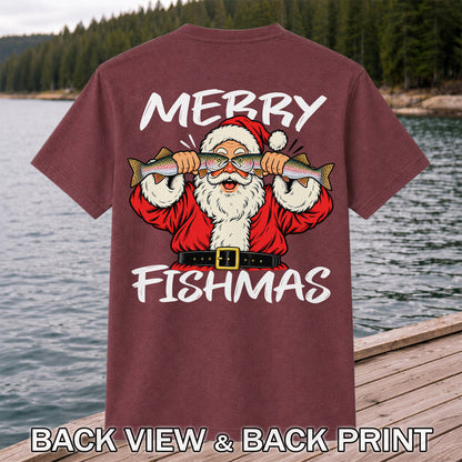 Merry Fishmas Santa Holding Rainbow Trout Christmas Fishing T-Shirt | Back Print