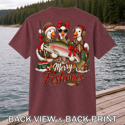 Merry Fishmas Christmas Ducks with Rainbow Trout Fishing T-Shirt | Back Print