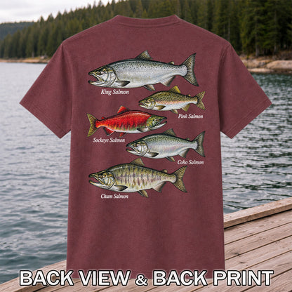 King Pink Sockeye Coho and Chum Salmon Fishing Graphic T-Shirt | Back Print