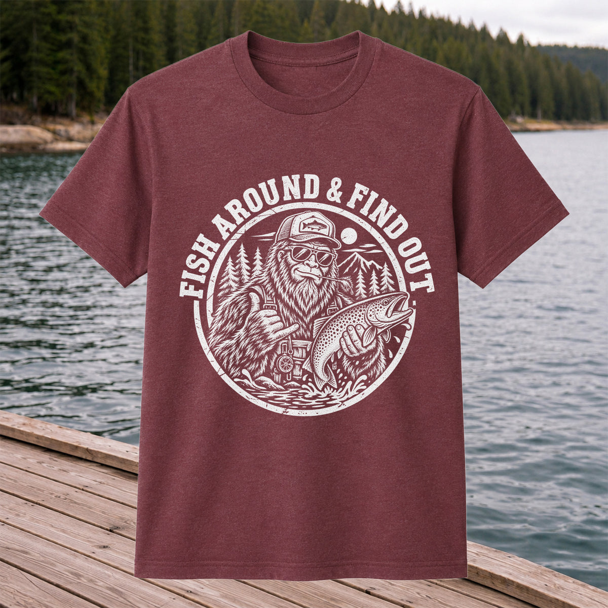 Fish Around & Find Out Bigfoot Trout Fishing Graphic T-Shirt