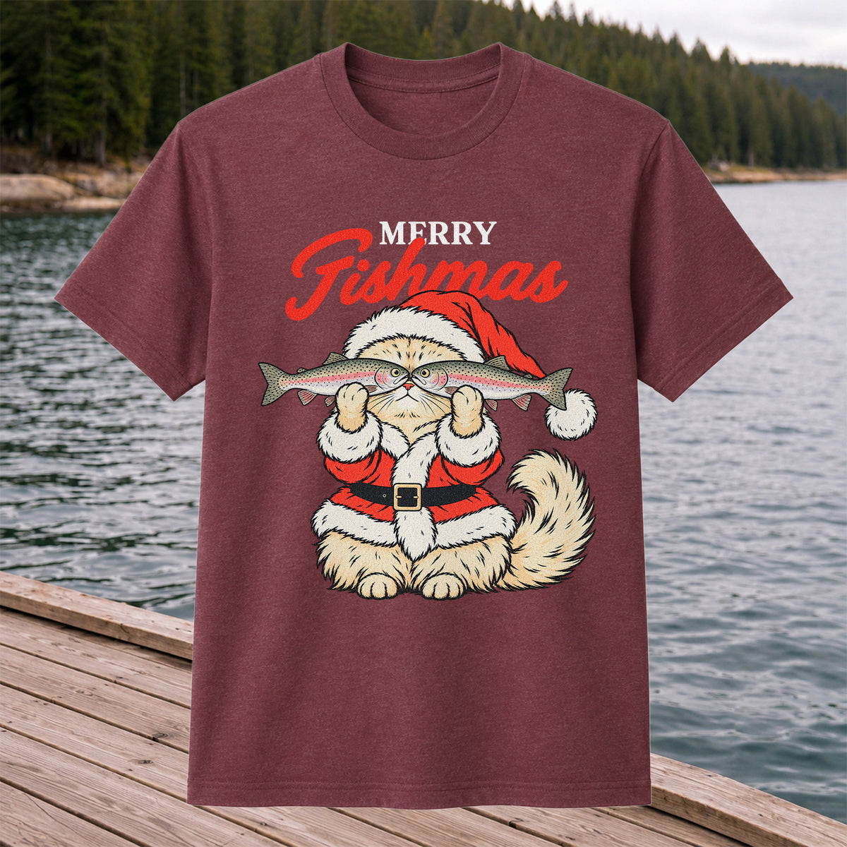 Santa Cat Holding Trout Merry Christmas Fishing T-Shirt