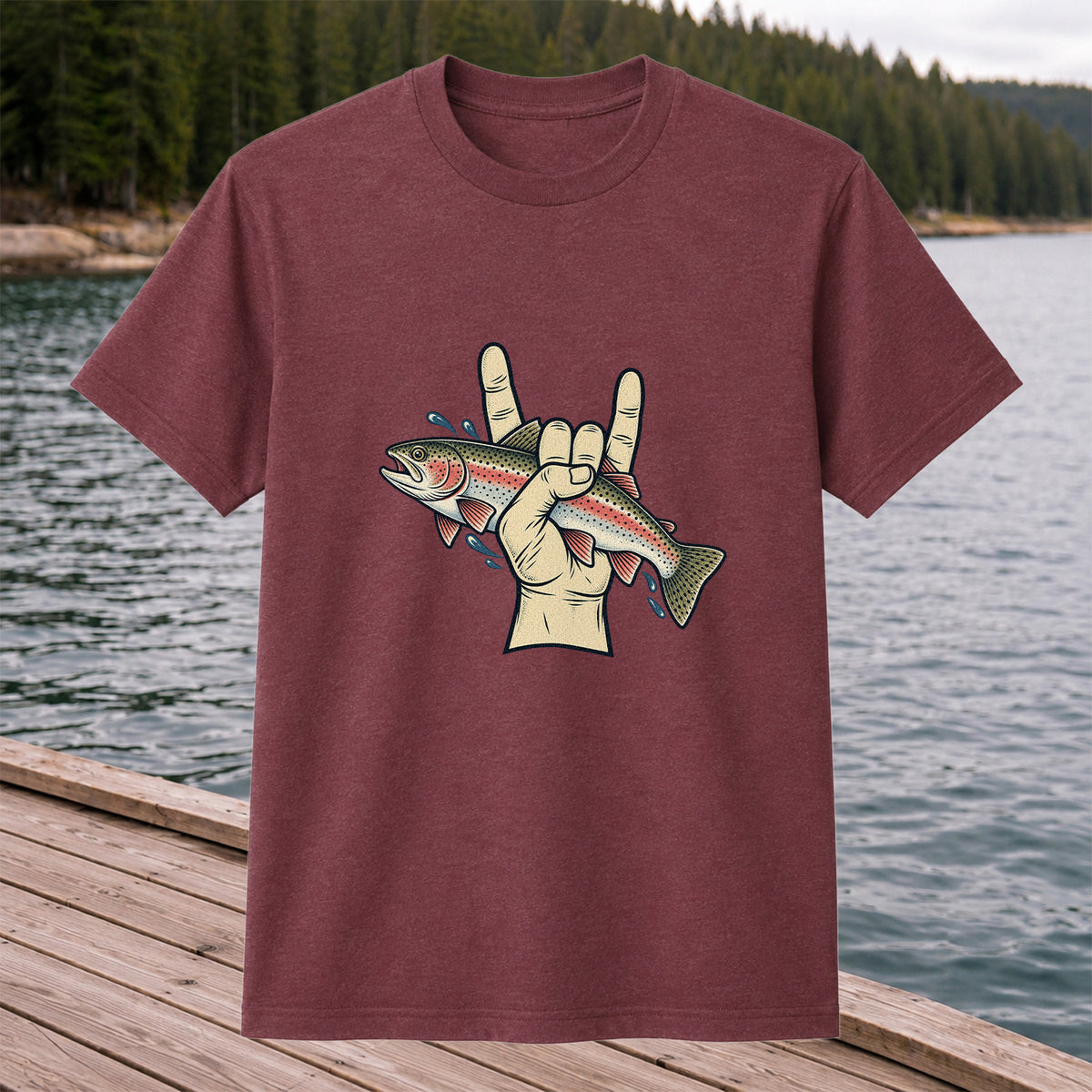 Rainbow Trout Rock On Hand Gesture Fishing Graphic T-Shirt