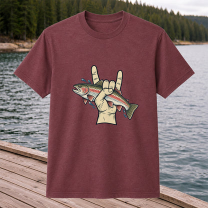 Rainbow Trout Rock On Hand Gesture Fishing Graphic T-Shirt