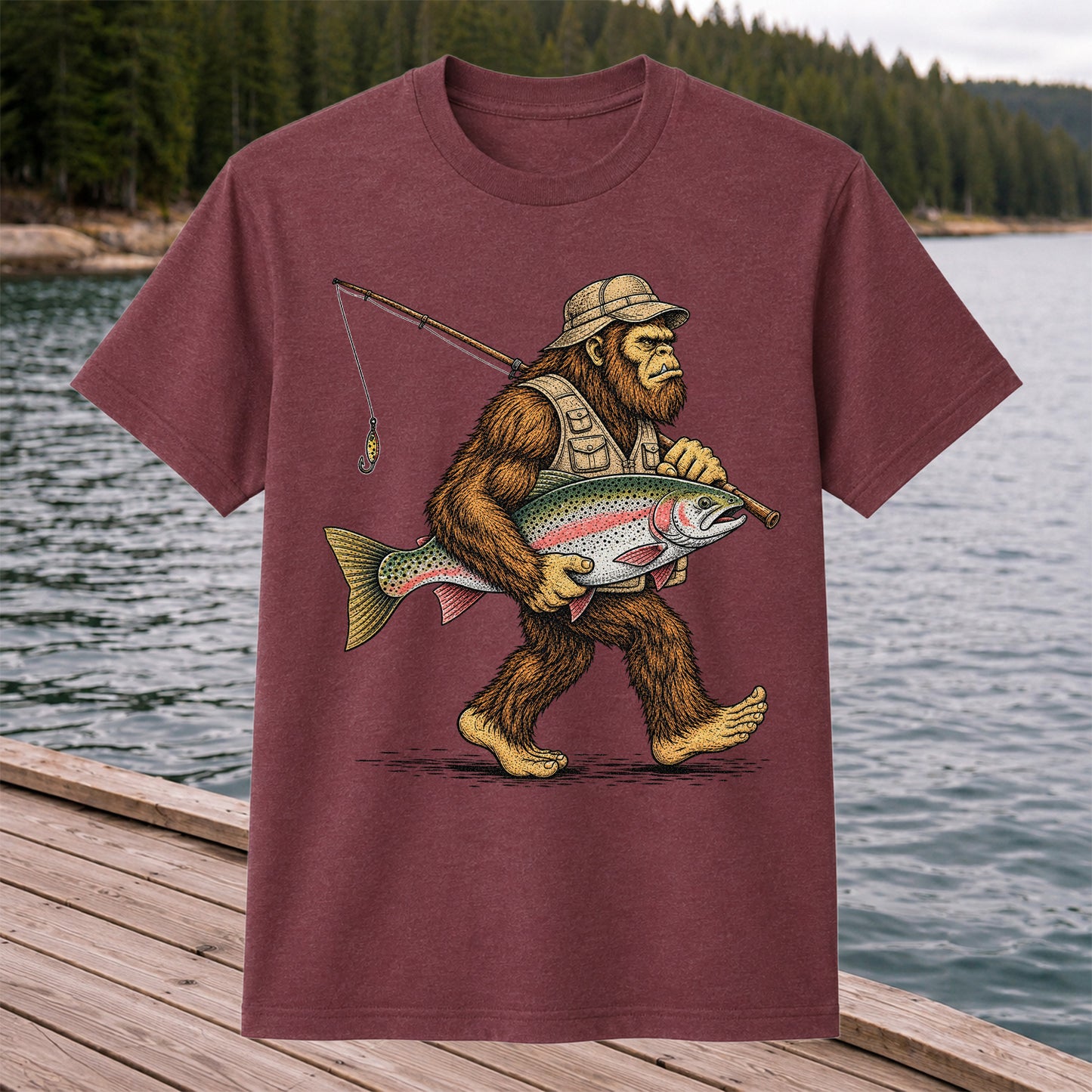 Bigfoot Holding Rainbow Trout Vintage Fishing Graphic T-Shirt