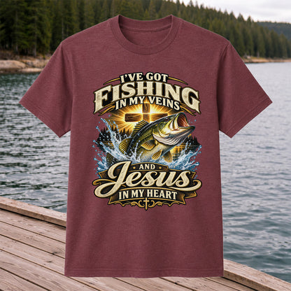 I've Got Fishing in My Veins and Jesus in My Heart Bass and Cross T-Shirt