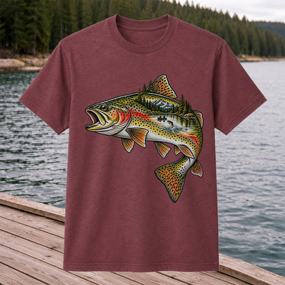 Rainbow Trout Mountain Lake Fishing Scene Graphic T-Shirt