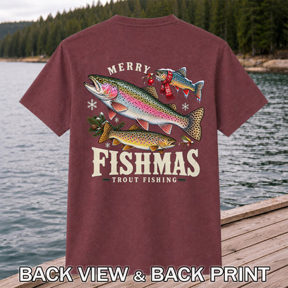 Merry Fishmas Trout Fishing Christmas Graphic T-Shirt | Back Print