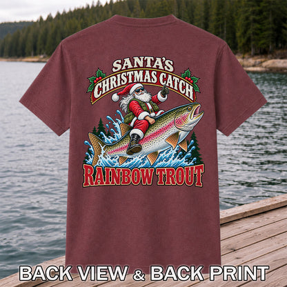 Santa's Christmas Catch Rainbow Trout Fishing T-Shirt | Back Print