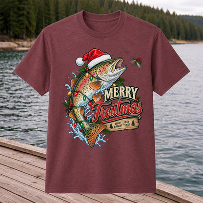 Merry Troutmas Tight Lines Bright Times Santa Hat Rainbow Trout Fishing T-Shirt