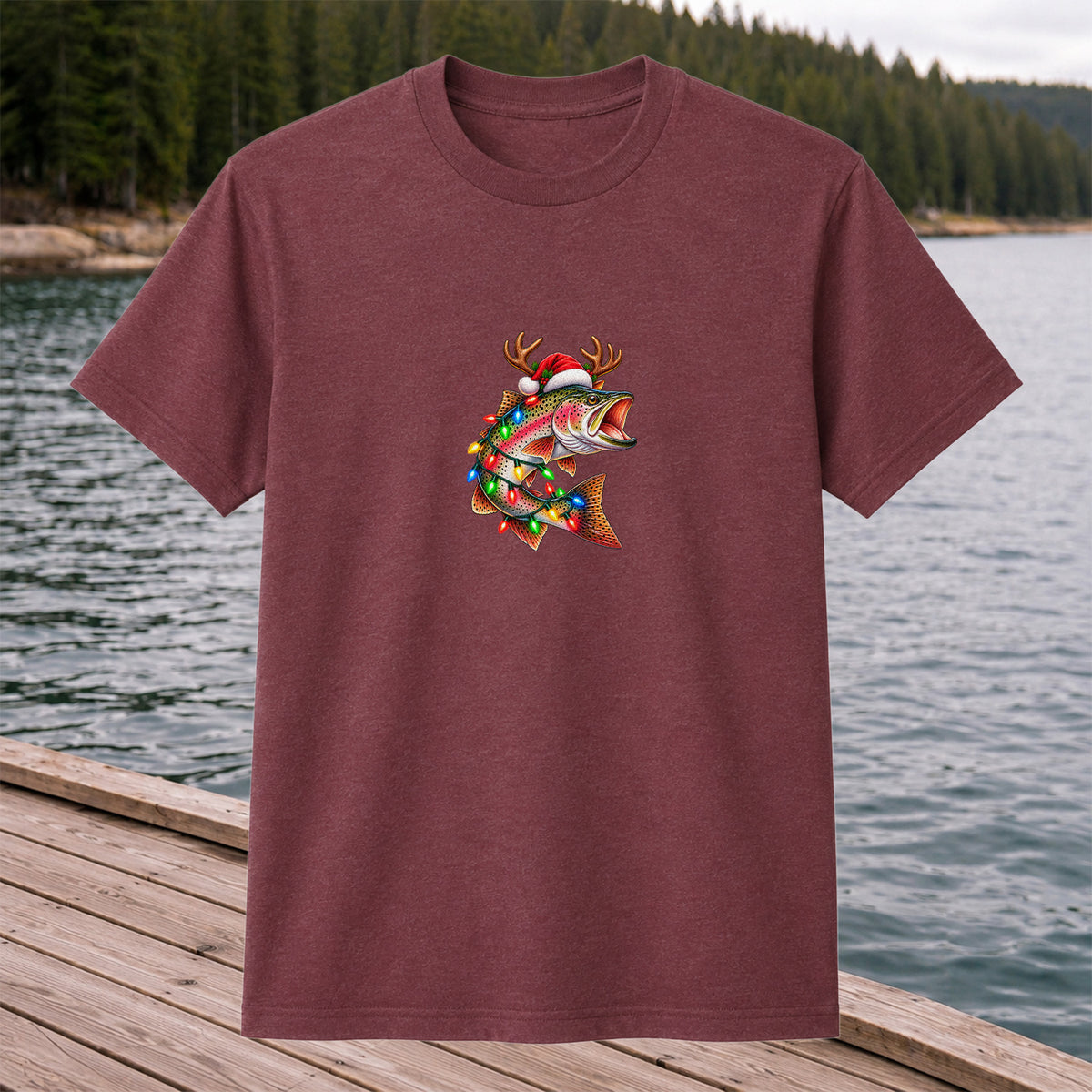 Christmas Rainbow Trout with Santa Hat, Antlers and Holiday Lights Fishing T-Shirt