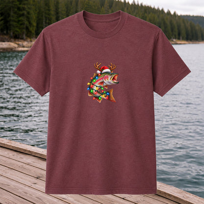 Christmas Rainbow Trout with Santa Hat, Antlers and Holiday Lights Fishing T-Shirt
