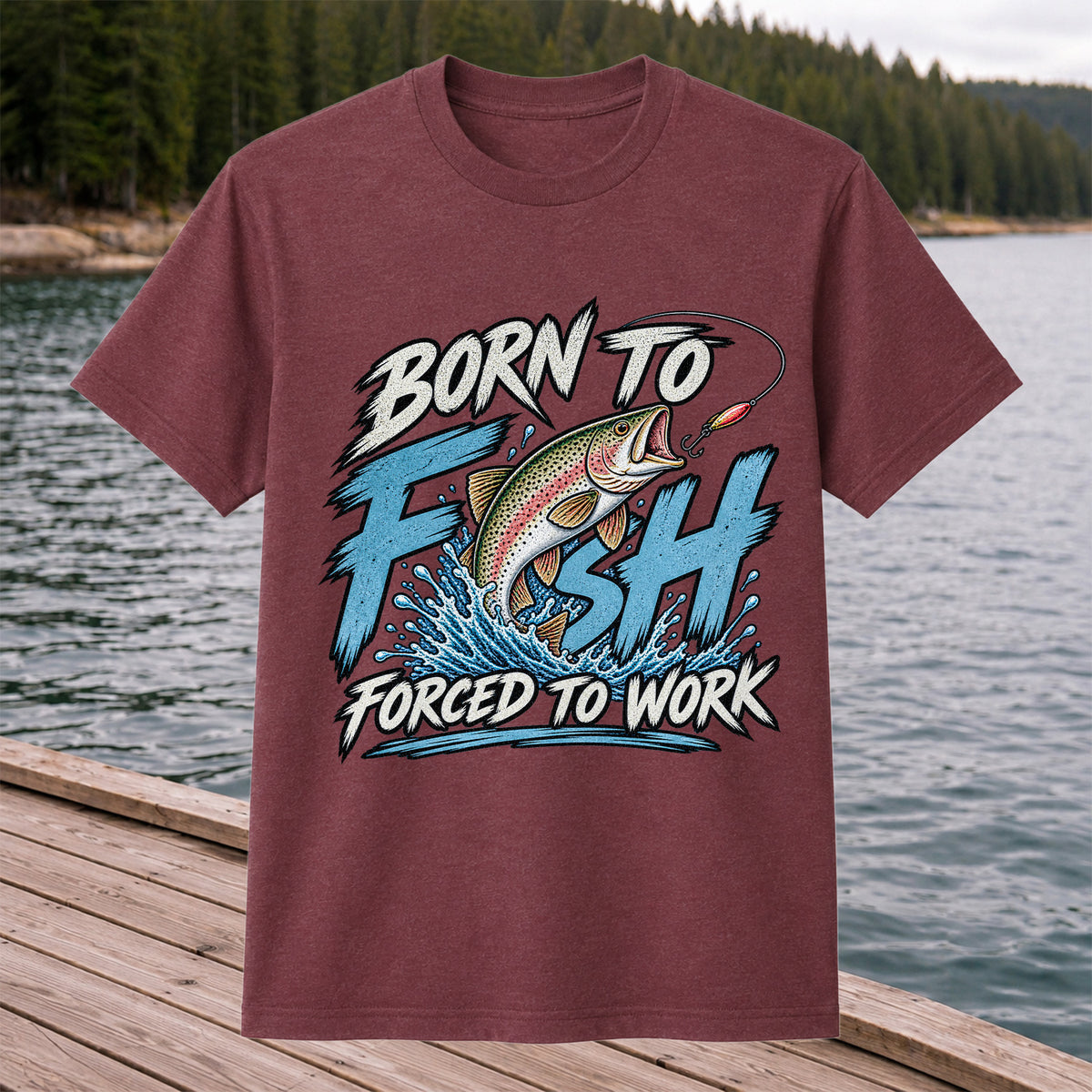 Born to Fish Forced to Work Jumping Rainbow Trout Fishing T-Shirt