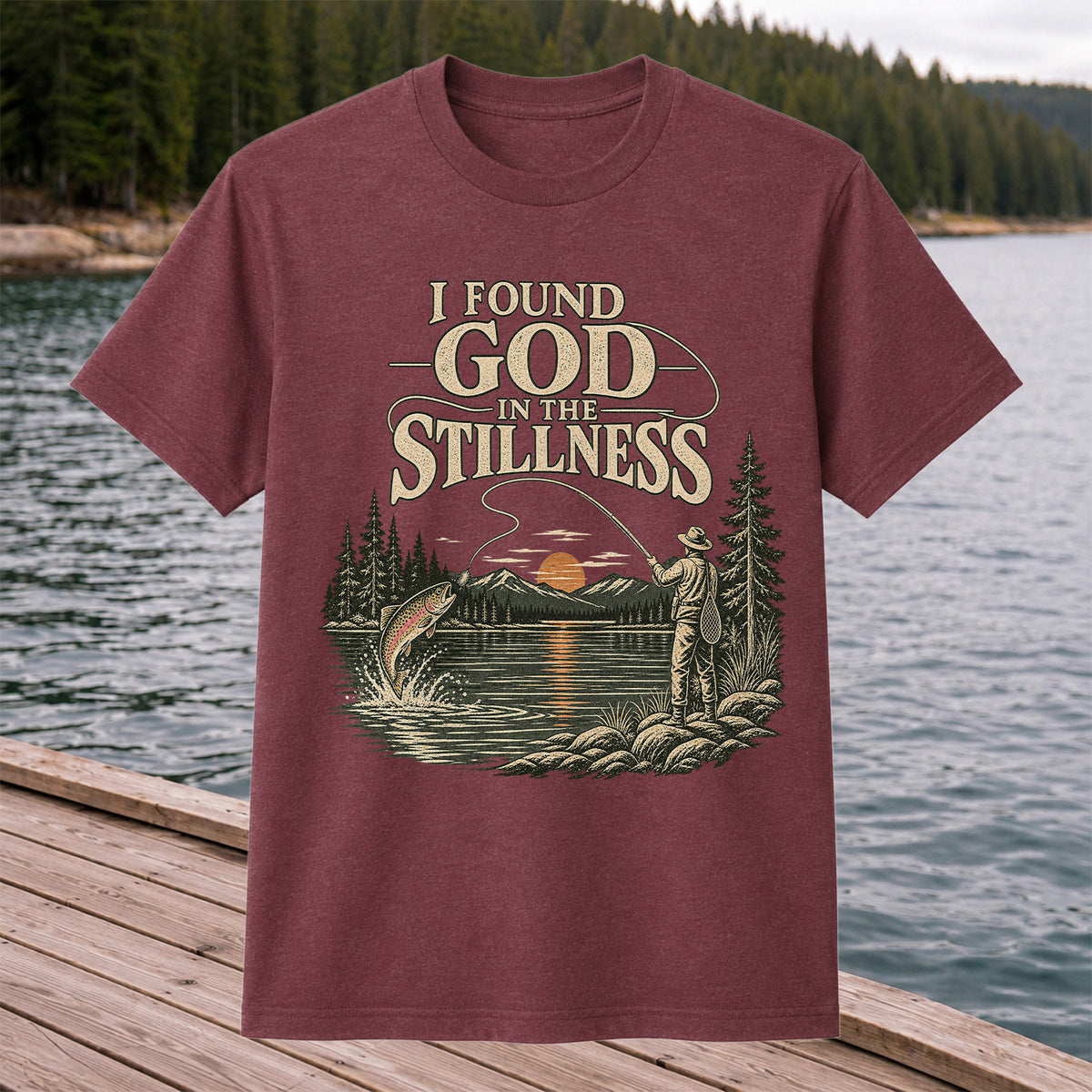 I Found God in the Stillness Trout Fly Fishing Sunset T-Shirt