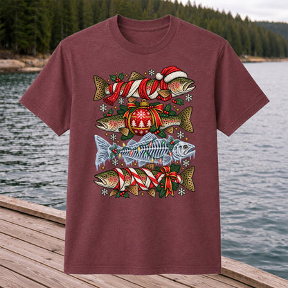 Christmas Rainbow Trout and Fish Skeleton Fishing Graphic T-Shirt
