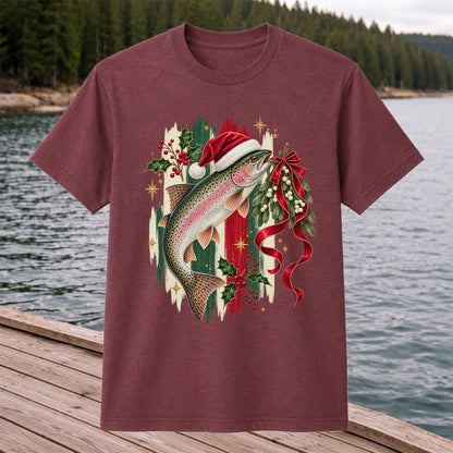 Christmas Santa Hat Rainbow Trout Fishing Graphic T-Shirt
