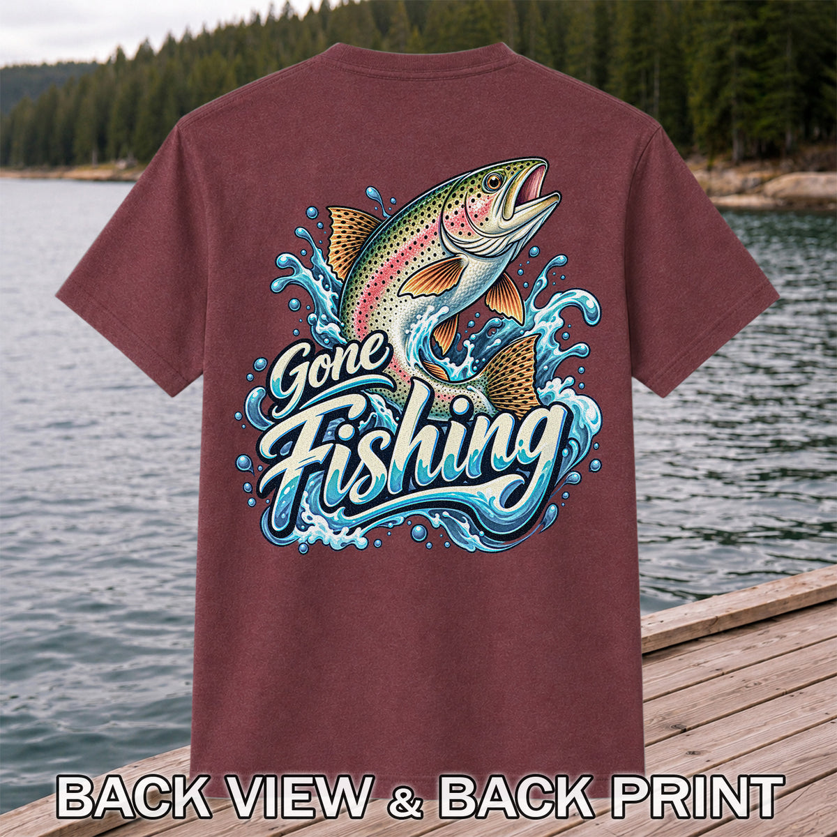 Gone Fishing Jumping Rainbow Trout Splash Graphic T-Shirt | Back Print