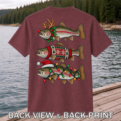 Christmas Trout Antlers Sweater and Lights Fishing T-Shirt | Back Print