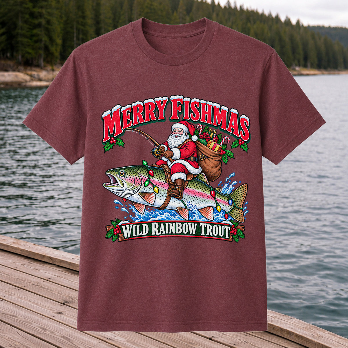 Merry Fishmas Santa Riding a Wild Rainbow Trout Christmas Fishing T-Shirt