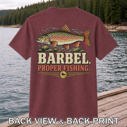 Barbel Proper Fishing Brown Trout Graphic T-Shirt | Back Print