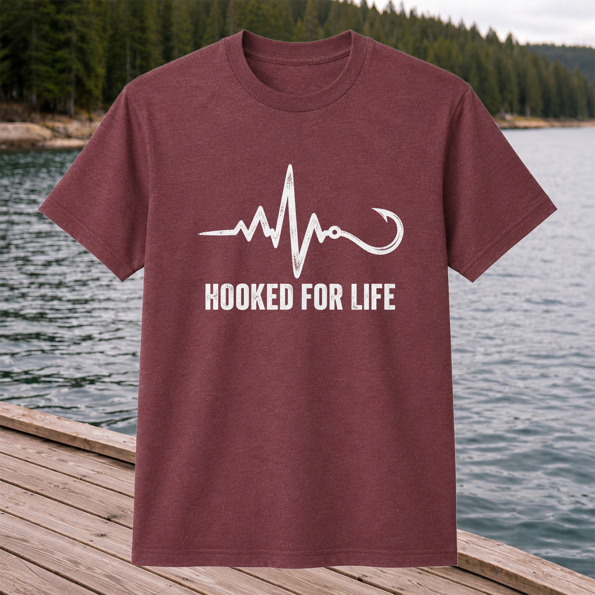 Hooked for Life Fishing Hook Heartbeat Graphic T-Shirt