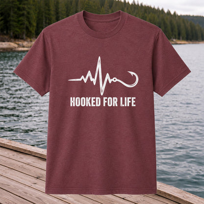 Hooked for Life Fishing Hook Heartbeat Graphic T-Shirt