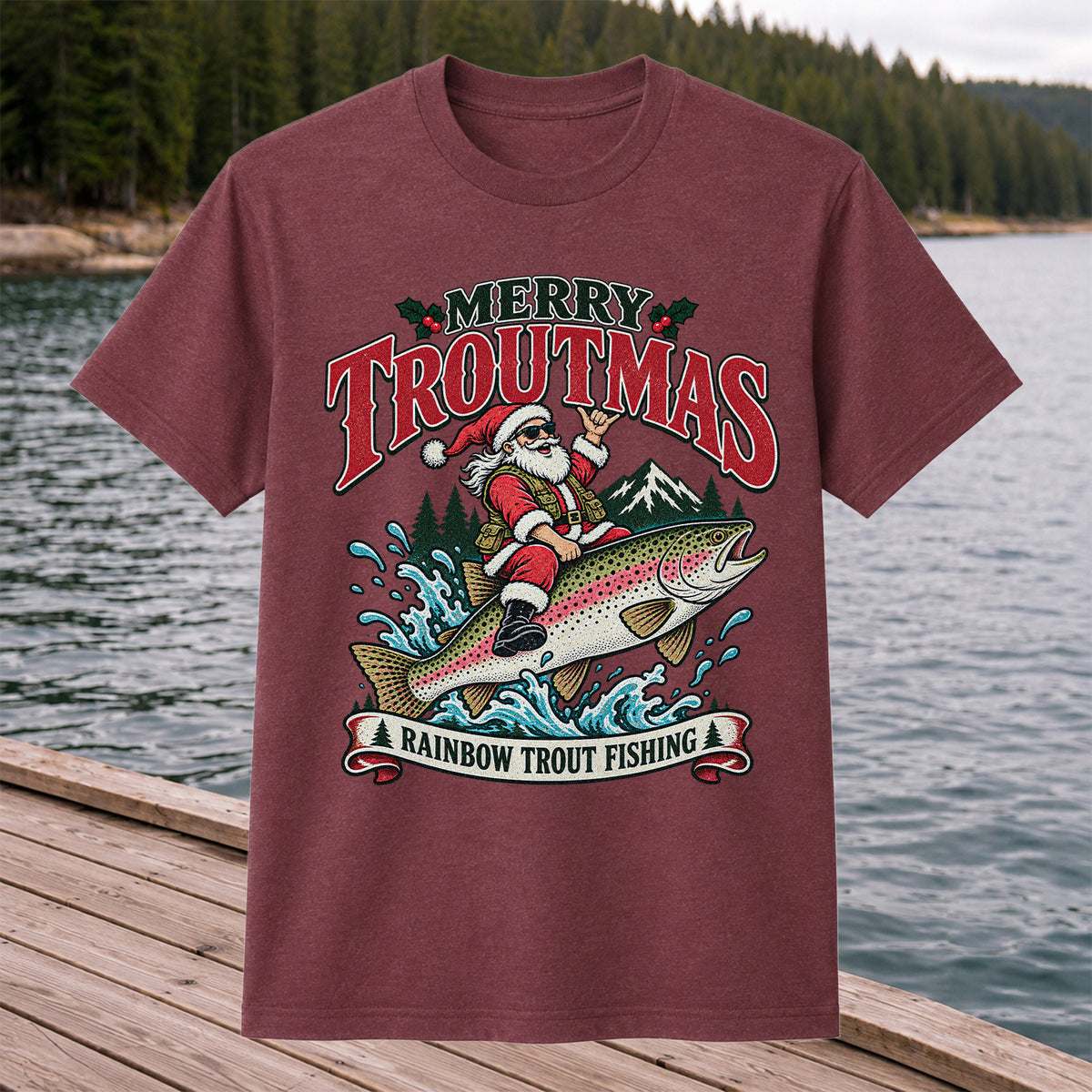 Merry Troutmas Santa Riding a Rainbow Trout Christmas Fishing T-Shirt