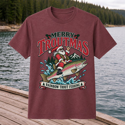 Merry Troutmas Santa Riding a Rainbow Trout Christmas Fishing T-Shirt