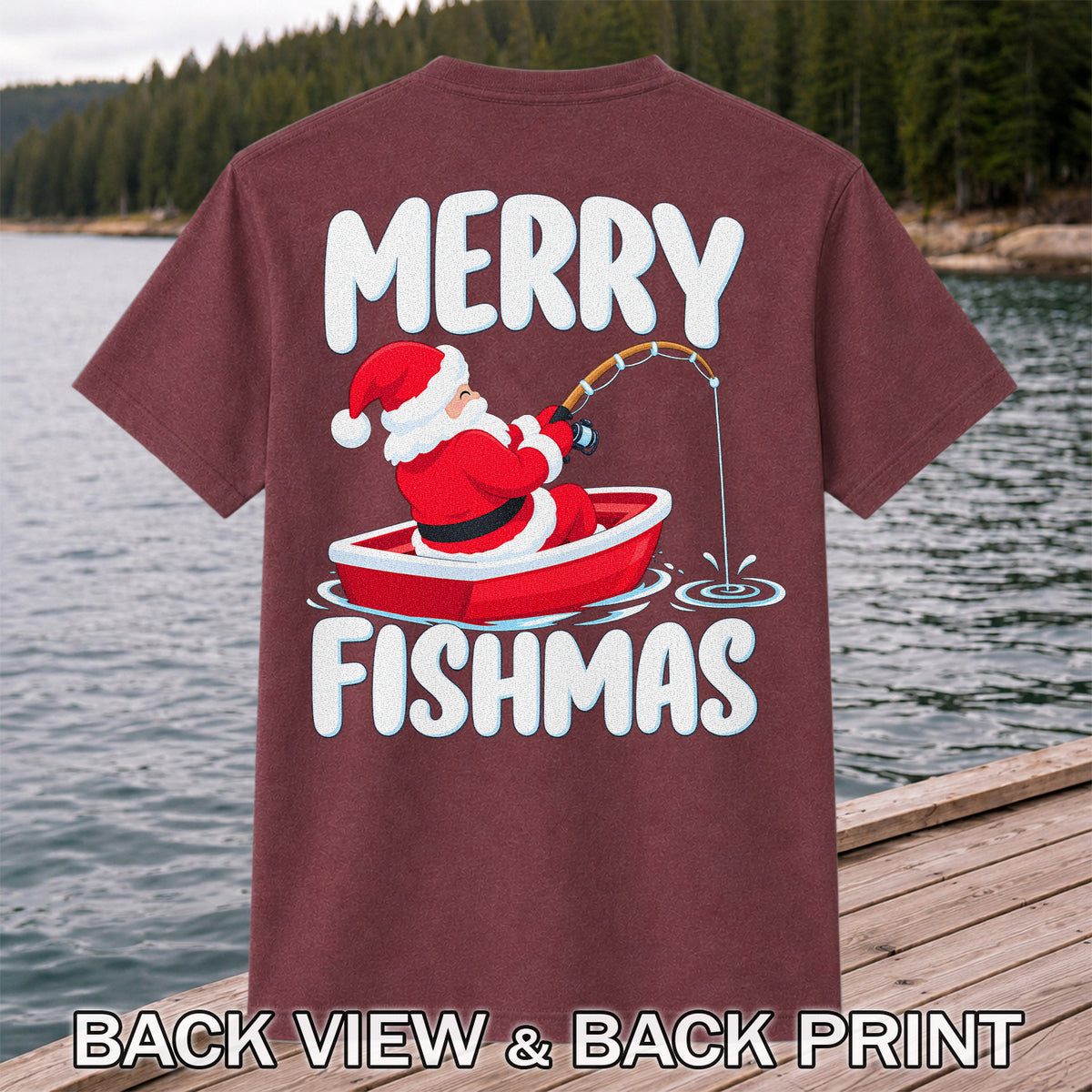 Santa Claus Boat Fishing Christmas Graphic T-Shirt | Back Print