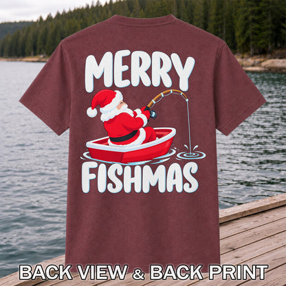Santa Claus Boat Fishing Christmas Graphic T-Shirt | Back Print