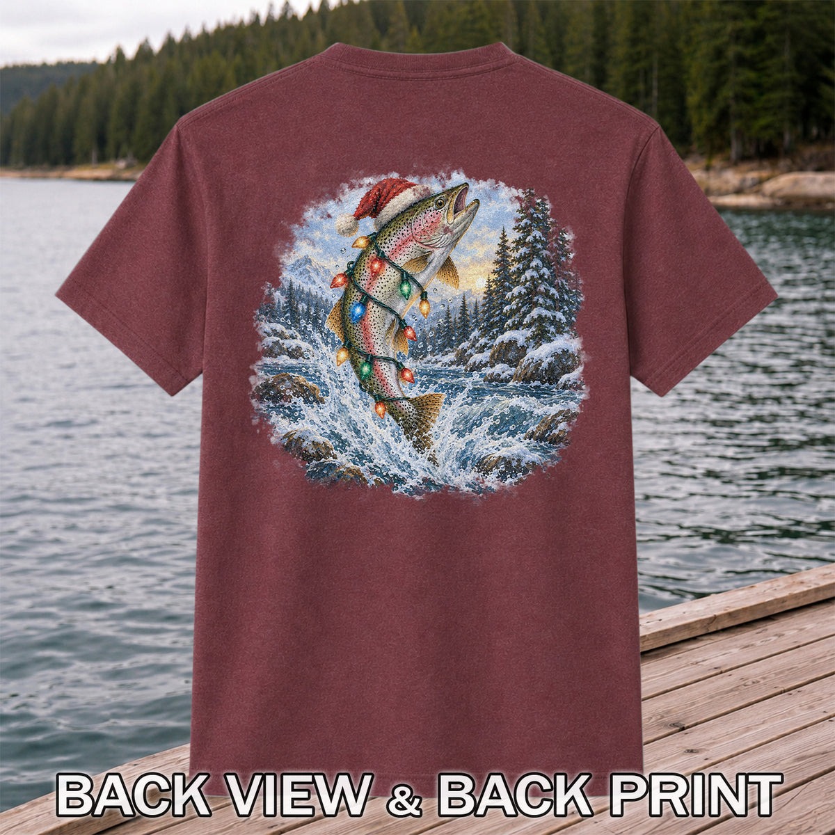 Santa Rainbow Trout with Christmas Lights Fishing T-Shirt | Back Print