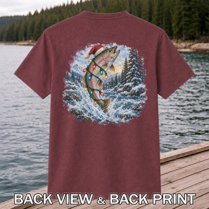 Santa Rainbow Trout with Christmas Lights Fishing T-Shirt | Back Print