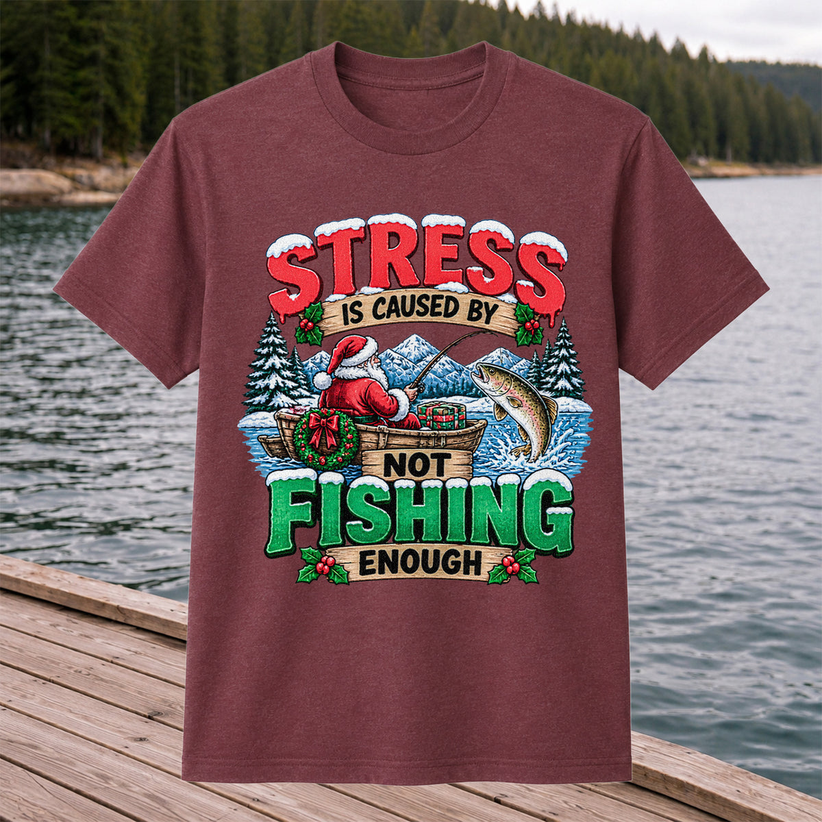 Stress Is Caused by Not Fishing Enough Santa Christmas Trout T-Shirt