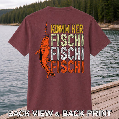 Komm Her Fischi Fischi Funny Catfish Fishing Graphic T-Shirt | Back Print