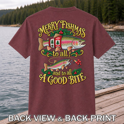 Merry Fishmas to All and to All a Good Bite Rainbow Trout Christmas Fishing T-Shirt | Back Print