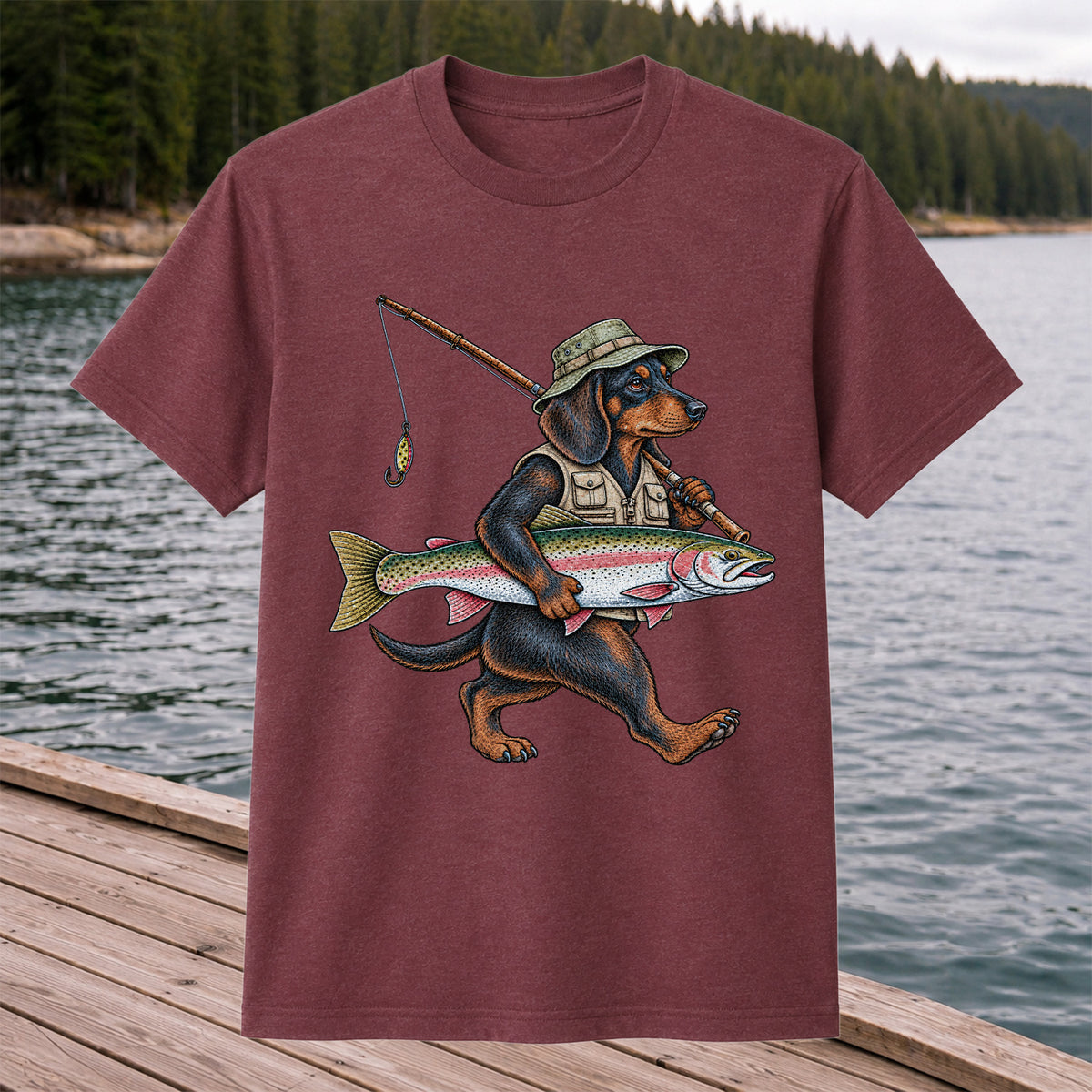 Dachshund Angler Carrying Rainbow Trout and Fishing Rod Graphic T-Shirt