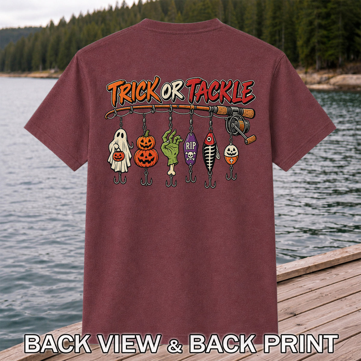 Trick or Tackle Halloween Ghost and Pumpkin Fishing Lures T-Shirt | Back Print