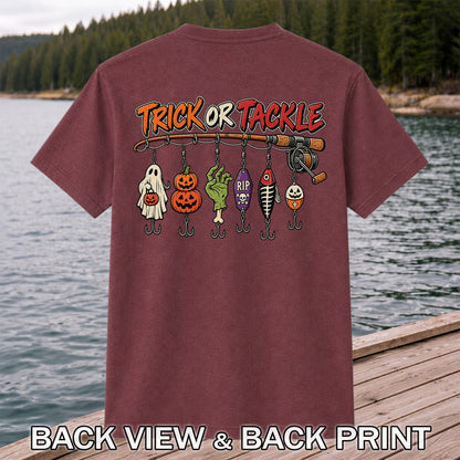 Trick or Tackle Halloween Ghost and Pumpkin Fishing Lures T-Shirt | Back Print