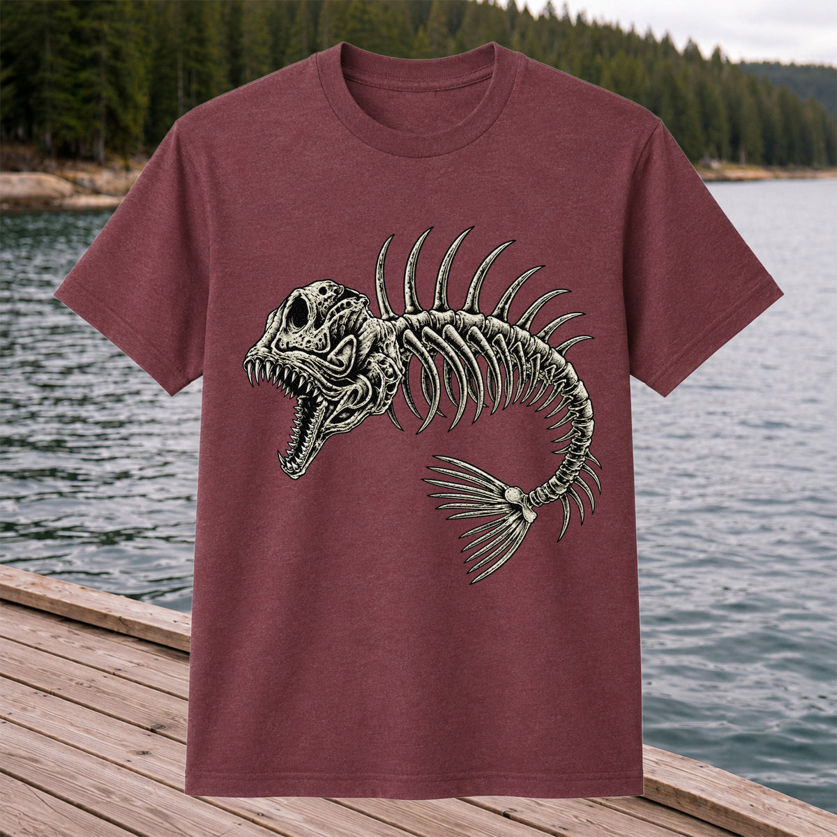 Gothic Fish Skeleton Fishing Graphic T-Shirt