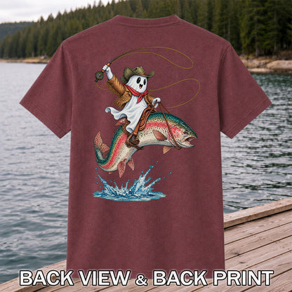 Ghost Cowboy Riding a Rainbow Trout Halloween Fishing T-Shirt | Back Print