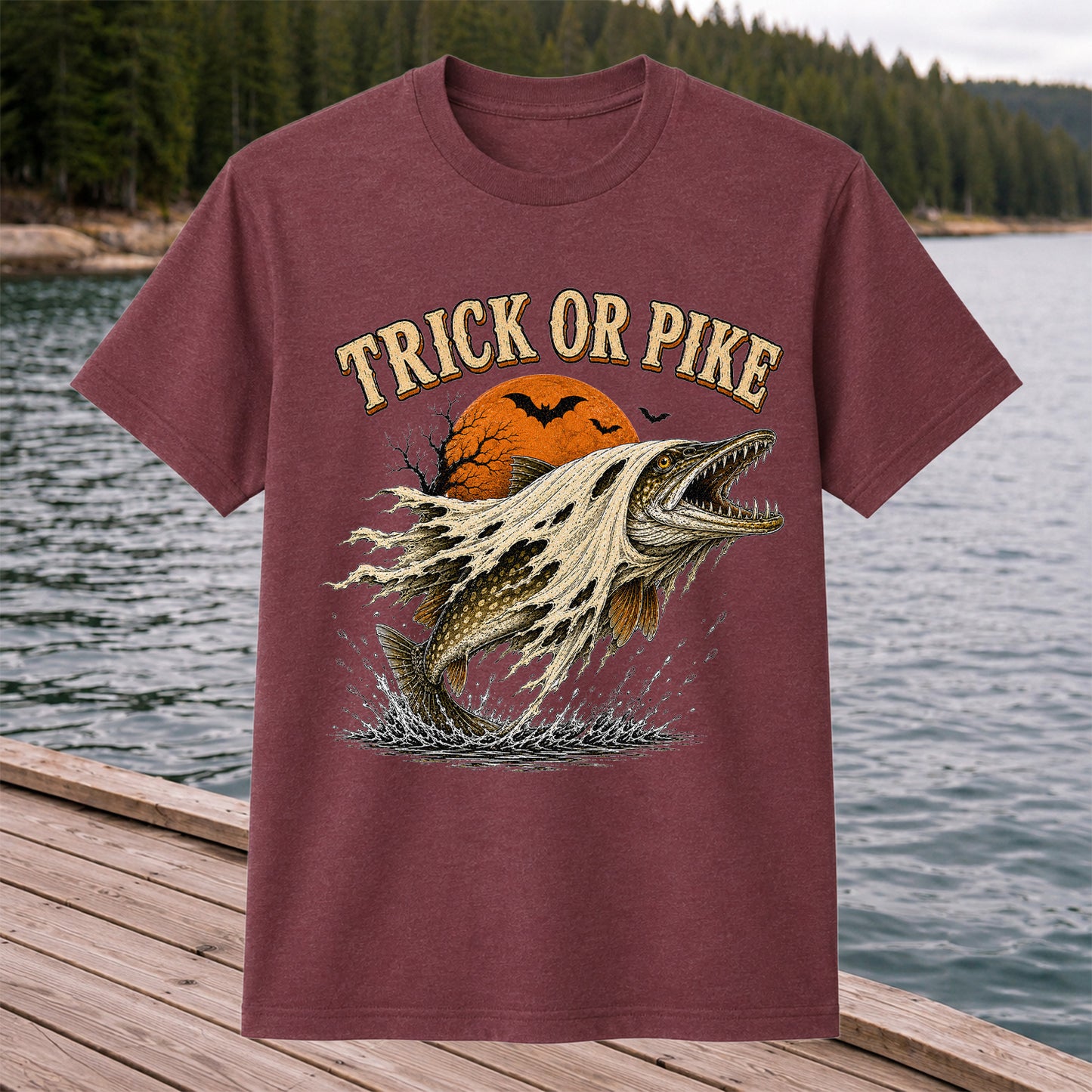 Trick or Pike Halloween Fishing T-Shirt, Vintage Trout Angler Tee