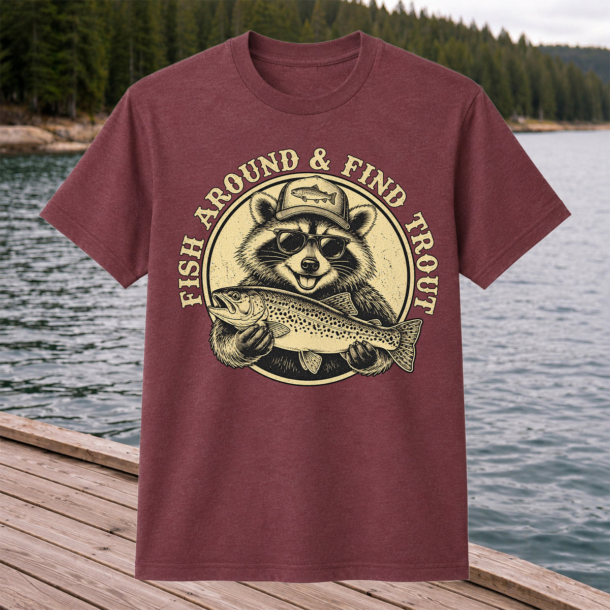 Fish Around & Find Trout Funny Raccoon Fishing T-Shirt